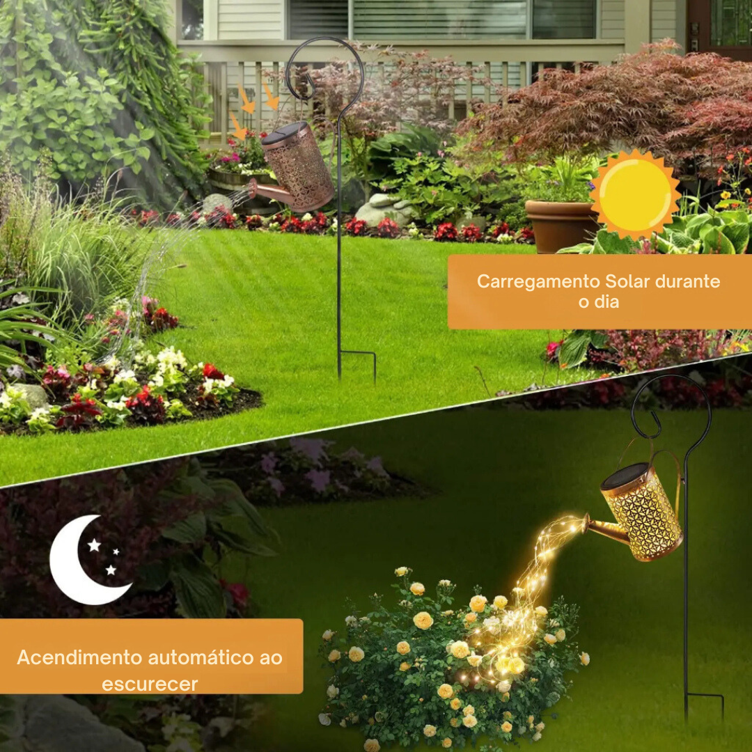 regador luminoso, enfeite jardim, lâmpada led jardim, refletor solar, jardim luminoso com luz solar, luz solar, jardim sustentável, regador solar, enfeite de jardim solar