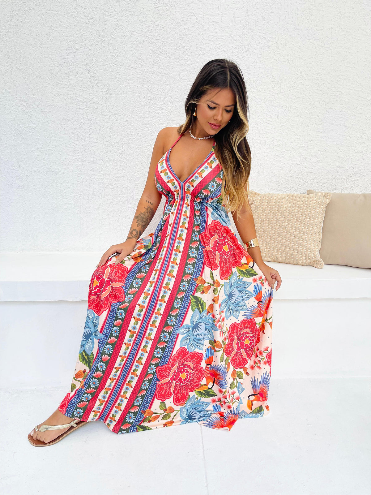Vestido Bela Longo  Araras Tropicais
