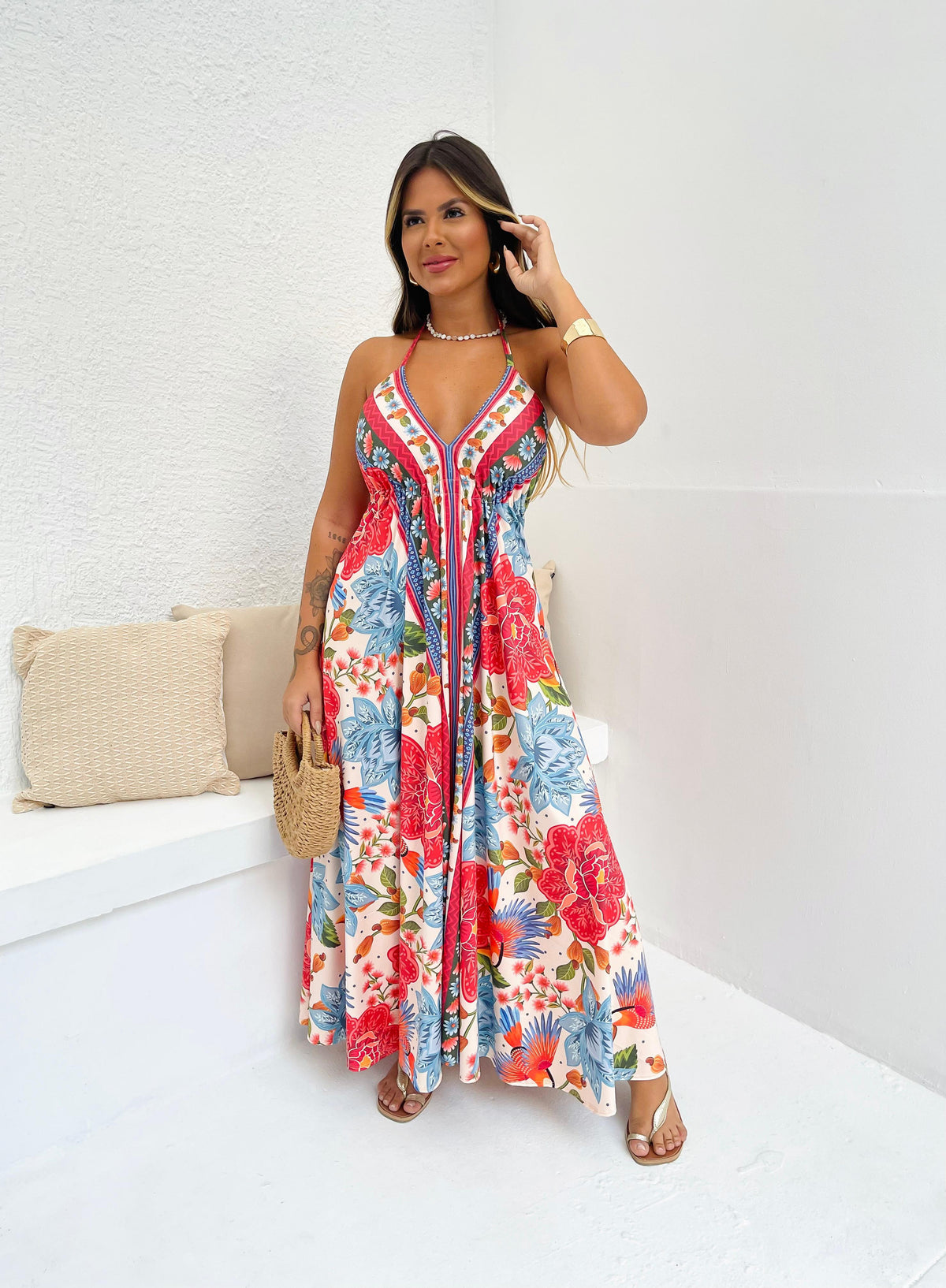 Vestido Bela Longo  Araras Tropicais