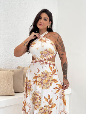 Vestido Gabriela Longo Estampado Far Jardim Dourado