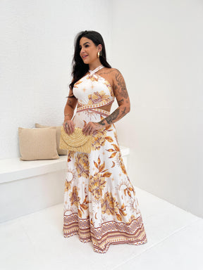 Vestido Gabriela Longo Estampado Far Jardim Dourado